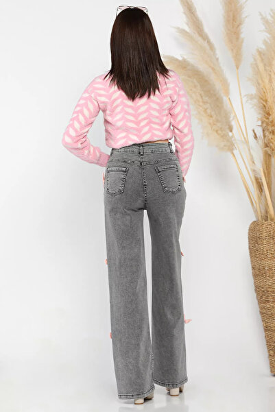 GÜLSELİ Ανθρακί φιόγκος Λεπτομερές ψηλόμεσο φαρδύ γυναικείο τζιν παντελόνι