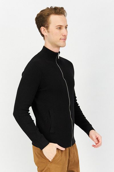CELIO Men High Neck Textured Long Sleeves Cardigan, Black