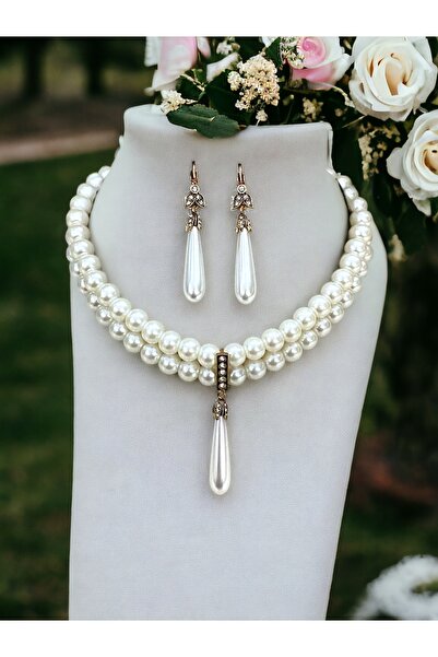 FAYRA ACCESSORIES Kristal Taşlı İnci Sallantılı Tasma İnci Kolye ve İnci Küpe