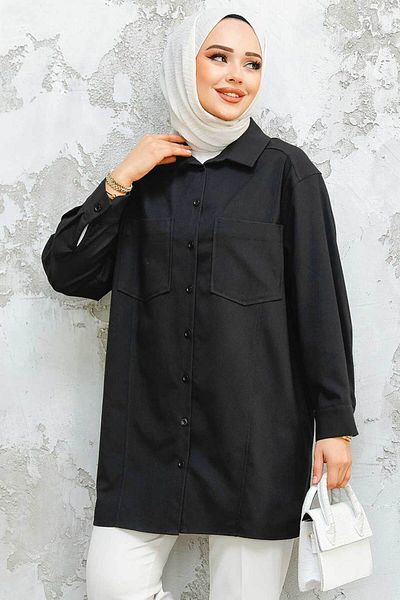 Neva Style Cămașă neagră cu nasturi Puane 10564S