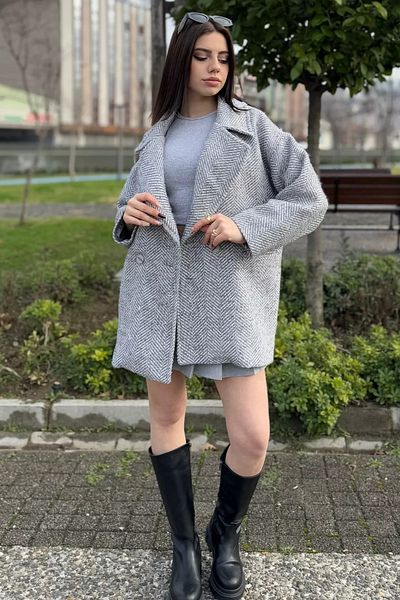 GÜLSELİ Сиво дамско кашмирено палто с хастар и шарка рилена кост, голям размер