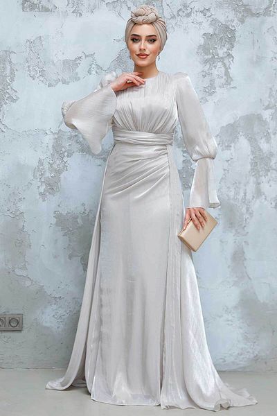Neva Style Tailed Beige Hijab Evening Dress 4986Beige