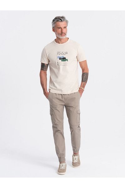 OMBRE Ανδρικό παντελόνι JOGGER με τσέπες cargo με φερμουάρ - μπεζ V2 OM-PAJO-0123 S