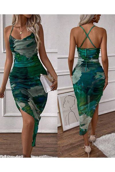 hipnoz butik γυναικείο φόρεμα μίντι μήκους ασύμμετρης κοπής από γυάλινο τούλι με εσωτερική επένδυση από σχοινί