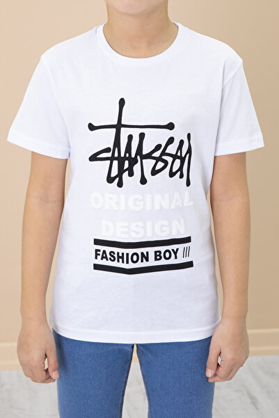 Cansın Mini Αγόρι με καφέ κείμενο εμπριμέ μπλουζάκι και πουκάμισο 20006