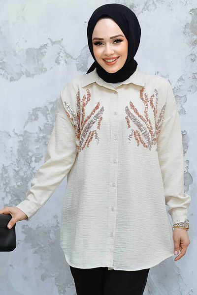 Neva Style Cămașă Hijab cu piatră brodată cu margele 4526TAS