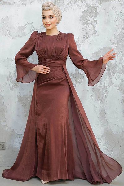 Neva Style Tailed Brown Hijab Evening Dress 4986Kh