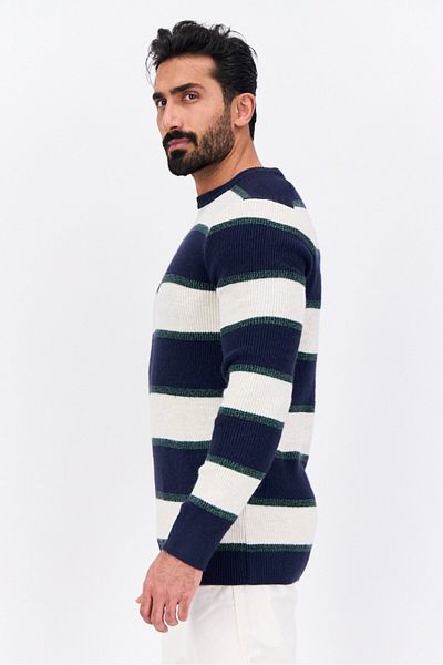 Jules Men Ribbed Neck Stripe Knitted Sweater, Navy
