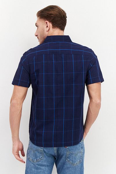 Vince Camuto Men Regular Fit Short Sleeves Checkered Casual Shirt, Navy Blue