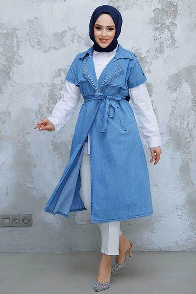Neva Style Bead Embroidered Blue Hijab Vest 6572m
