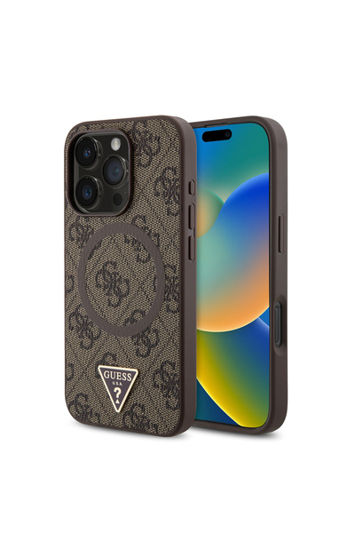 Guess iPhone 16 Pro Max Uyumlu Kılıf Magsafe Şarj Özellikli PU Üçgen Logo 4G Desenli Kahverengi