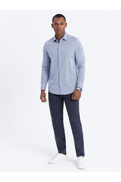 OMBRE Pánské chino kalhoty na míru - tmavě modré V4 OM-PACP-0151 L