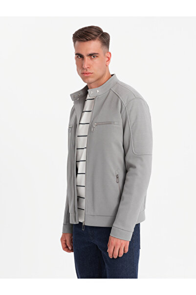OMBRE Ανδρικό biker jacket με τσέπες και γιακά - γκρι V3 OM-JALP-0157 XXL