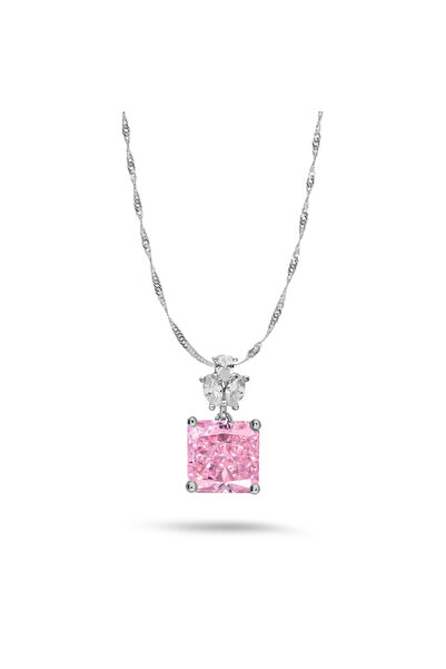 Silveranka 925 Ayar Gümüş Pembe Quvars Elmas Kesim Kare Taşlı Kolye