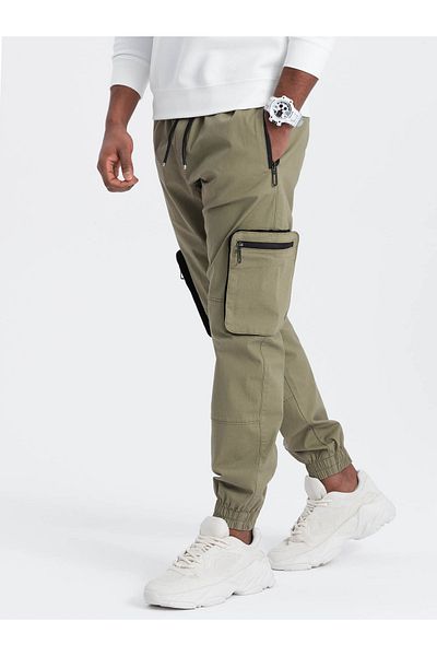 OMBRE Ανδρικό παντελόνι JOGGER με τσέπες cargo με φερμουάρ - ανοιχτόχρωμο λαδί V1 OM-PAJO-0135 M
