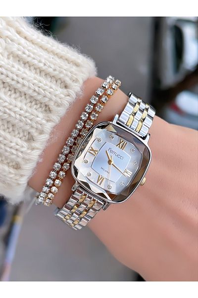 Ferrucci Steel Cord Roman Numbers Cut Glass Women's Wristwatch with 2 Years Warranty + Bracelet as a Gift