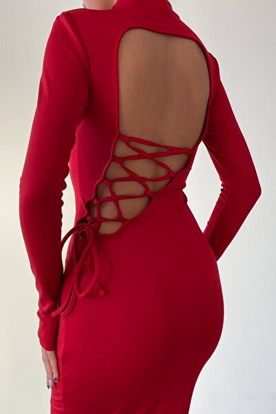 bayansepeti Kırmızı Sandy Kumaş Sırt Dekolte Bağlama ve Yırtmaç Detaylı Midi Abiye Elbise 327