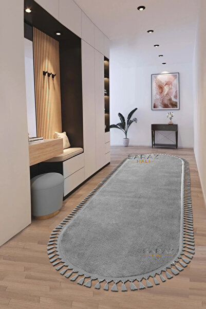 SARAZ HALI Puffy Gri Oval Örgü Saçaklı Peluş Yumuşacık Yıkanabilir Kaymaz Taban Halı Salon Oturma Odası