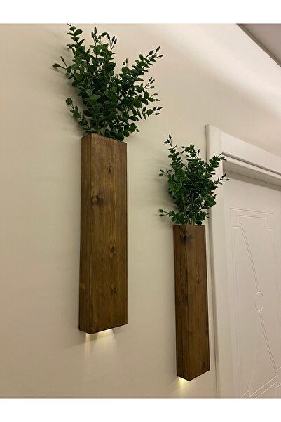 MSAĞWOODS 2li Peri Ledli Ahşap Çiçeklik Dekoratif Aydınlatma Yapay Çiçek Balkon Dekoru Otel Rustik 40cm