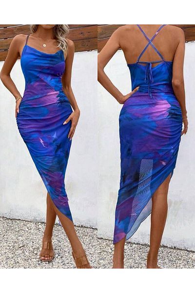 hipnoz butik γυναικείο φόρεμα μίντι μήκους ασύμμετρης κοπής από γυάλινο τούλι με εσωτερική επένδυση από σχοινί
