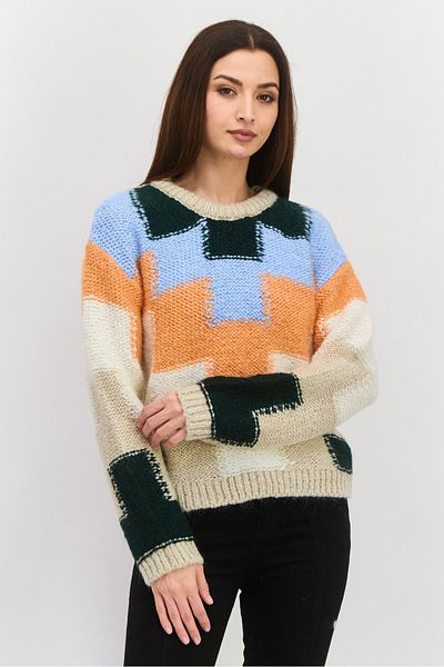 Esprit Women Cable Knit Long Sleeve Sweater, Beige Combo