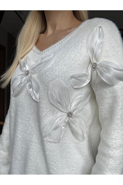 SEVA TEKSTİL İncili Kurdele Detaylı Angora Kazak