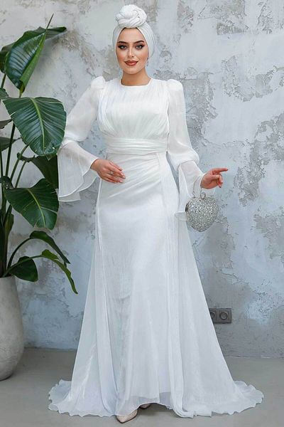 Neva Style - White Hijab Evening Dress with Tail 4986B