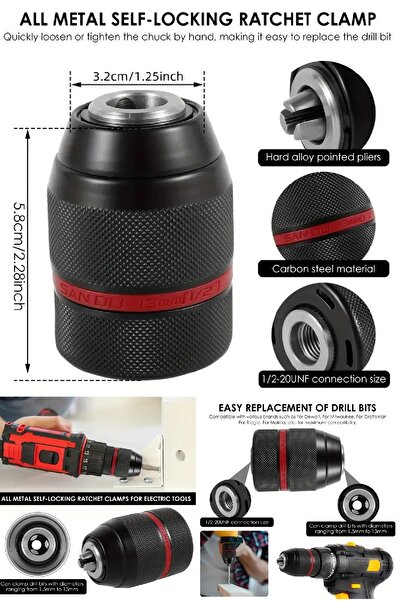 BİTERSE 1 Adet Supra Kilitli Metal Mandren Tüm Matkaplarda Kullanılır 3/8 x 1...