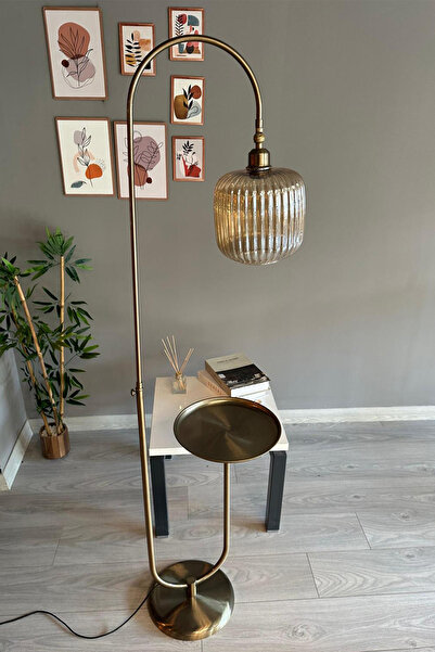 Bamyum Bal Rengi Cam Lambader U Tepsili Modern Dekoratif Metal Oturma Odası Çalışma Odası Zemin Lambası