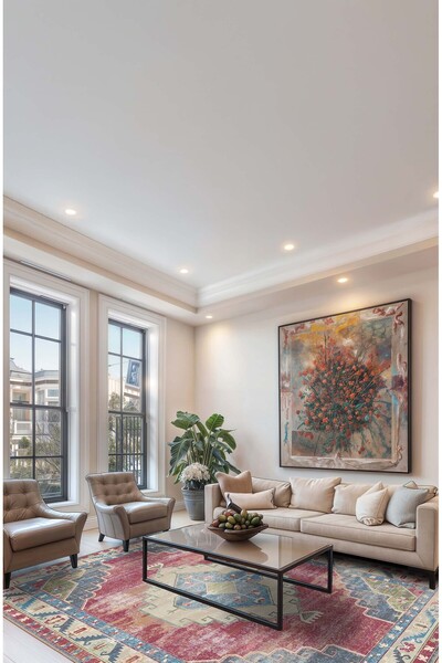 BigArts Home Pembe ve Mavi Geometrik Desenli Vintage Tarzı Halı Otantik Dijit...