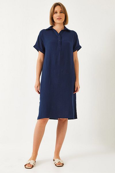 Bianco Lucci Damen-Sommerkleid aus lockerem Musselin mit Polokragen 70222 60271009