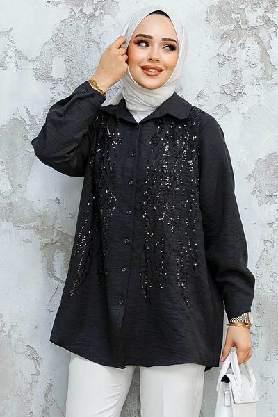 Neva Style Cămașă neagră cu hijab brodat cu margele 45280S