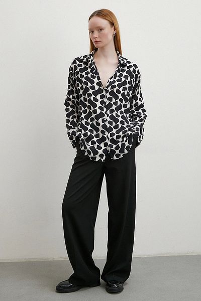 Never more Black Viscose Shirt - Maroken with Contrast Pattern