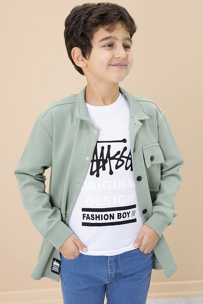 Cansın Mini Tricou cu imprimeu text verde și cămașă Costum băiat 20004