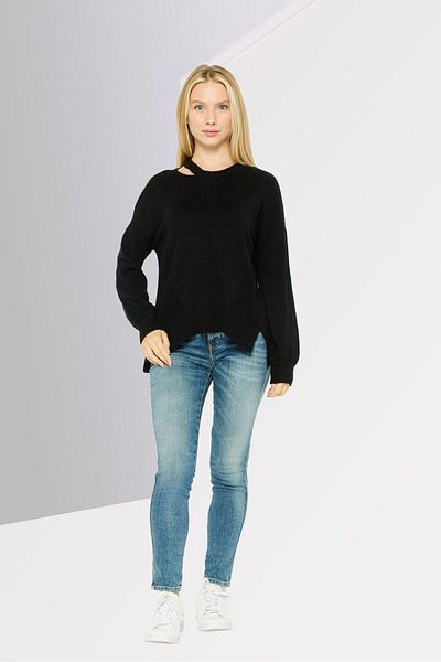 Dkny Women Round Neck Knitted Long Sleeves Cut Out Sweatshirt, Black