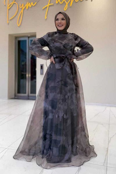 Bym Fashion Self Patterned Colorful Tulle Evening Dress 7047 Gray
