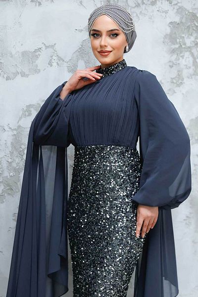 Neva Style Smoked Hijab Evening Dress with Sequins 50231Fu