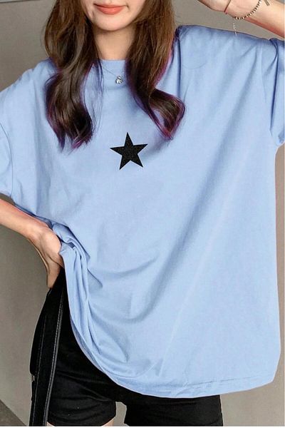 NO 601 Γυναικείο Baby Blue Oversize Μαύρο Glitter Star με στάμπα Trend Loose Fit Tshirt