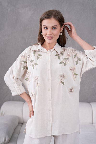 MVStore Women's Floral Print Embroidery Embroidered Linen Oversize Shirt and Pants