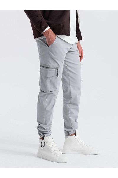 OMBRE Pánské cargo kalhoty STRAIGHT LEG s trojúhelníkovou kapsou - šedé V3 OM-PACG-0196 S