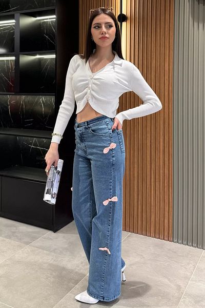 GÜLSELİ Pantaloni de denim de damă cu talie înaltă și picioare largi cu detaliu de fundă albastră