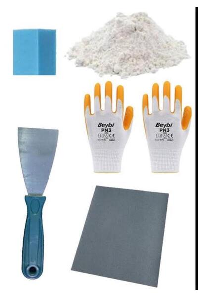 DEVECİ Duvar Tamir Seti 2kg Alçı(sıva,saten),Spatula,Zımpara ,SıvaSüngeri,Demir Eldiveni 5 Parça Set