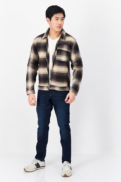French Connection Men Plaid Full Zipper Shirt Jackets, Brown Combo