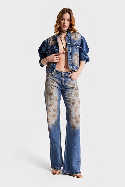 its basic Blugi de damă Culoare 4S568 Design cu pietre strălucitoare Denim largi, evazat