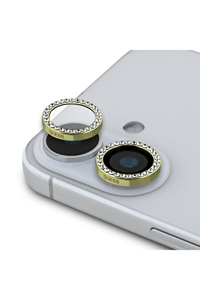 Guess iPhone 16 Guess Lisanslı Rhinestone Parlak Taşlı Kamera Lens Koruyucu Gold