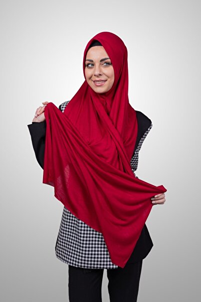 Şalcenneti.com Women's Hijab Practical Combed Cotton Shawl with Sponge Front Ready-Made Red Color Scarf