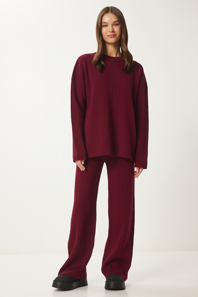 Lovelyİstanbul Burgundy Ribbed Knitwear Sweater and Pants Set - Lpf0091