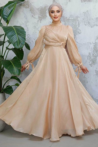 Neva Style Βραδινό φόρεμα μπισκότο Hijab με ντραπέ 4823bs