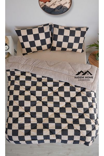 Sudem Home Collection Double Wellsoft Fleece Pufidik Quilt Set - Beige Checkers