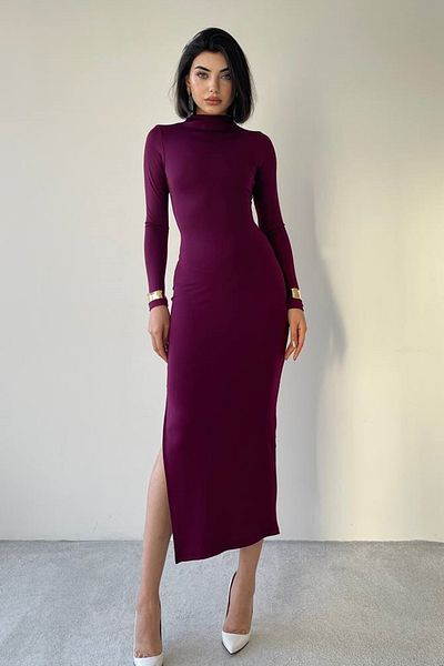 barış sülün lovebox Women's Midi Plum Dress with Stretchy Sandy Fabric - Low Back Cutout and Slit Detail 327